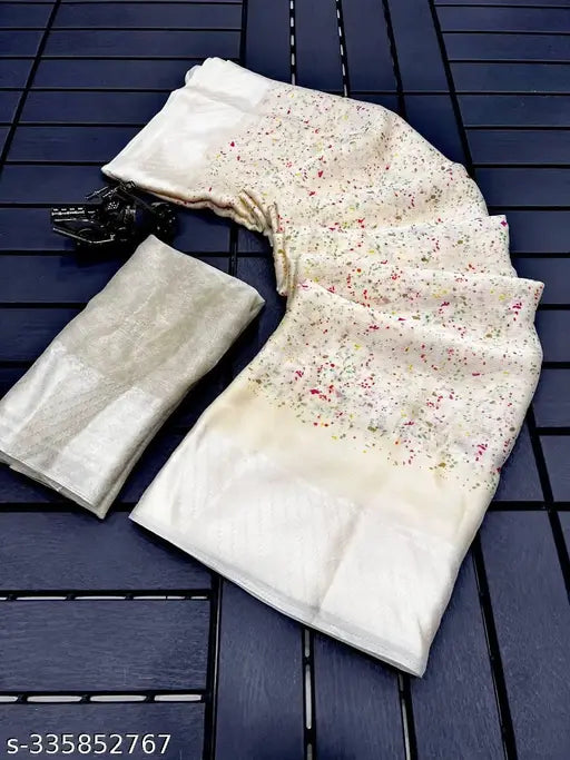 Moss chiffon saree with beautiful abstract print and switch jacord border, single piece from India