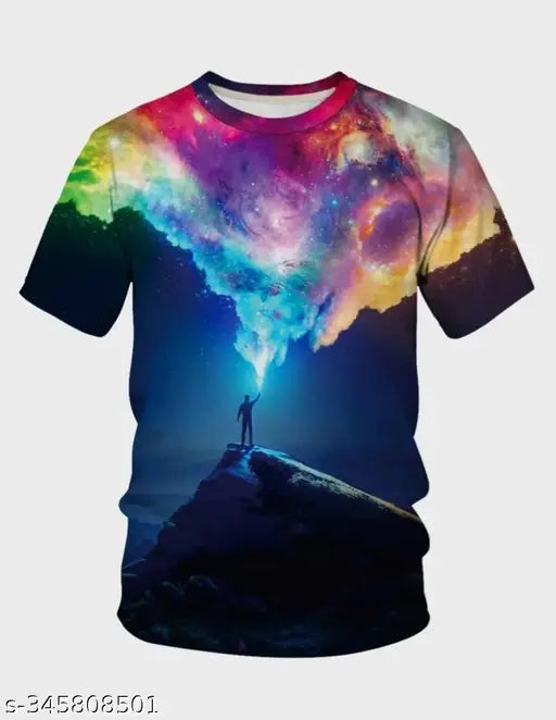 3D Galaxy printed t-shirt, poly blend, short sleeves, vibrant space pattern, men's M-XXXL, made in India