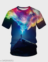 3D galaxy printed short-sleeve t-shirt, poly blend, vibrant galaxy pattern on men's size M, L, XL, XXL from India