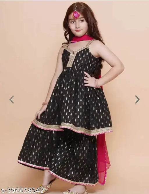 Black rayon sleeve less kids sharara set, printed with trending design for parties up to 12 years old, accessorized with dupatta