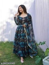 Georgette blue western dress with dupatta, printed floral design, long sleeve, new fashion for women