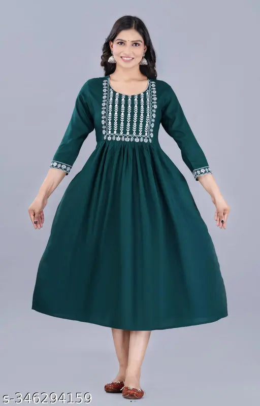 Rayon embroidered kurti in three-quarter sleeves, Indian traditional women's fashion