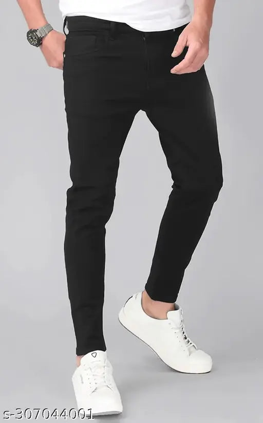 Elegant and fashionable slim fit black denim jeans for men, brand new with stretchable fabric and curved pockets. Size 28 (waist 28in, length 38in, hip 35in), made in India
