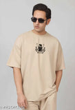 Beige cotton oversized anime printed T-shirt for men, featuring trendy graphic and short sleeves