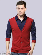Red cotton blend long-sleeve polo T-shirt by Eyebogler for men, great for versatile outfits