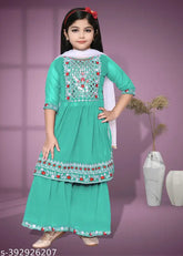 Girls embroidered chiffon sharara sets with mirror work. Indian-made A-line outfits for ages 3-11, high-quality finishing