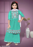 Girls embroidered chiffon sharara sets with mirror work. Indian-made A-line outfits for ages 3-11, high-quality finishing