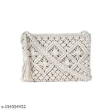 Handmade jute macrame crossbody bag, embroidered net pattern, free size (8x12x2in), Indian craftsmanship