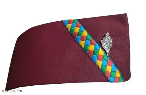 Cotton red flat cap from Uttarakhand, India - traditional Pahadi Brahmkamal pattern in solid design