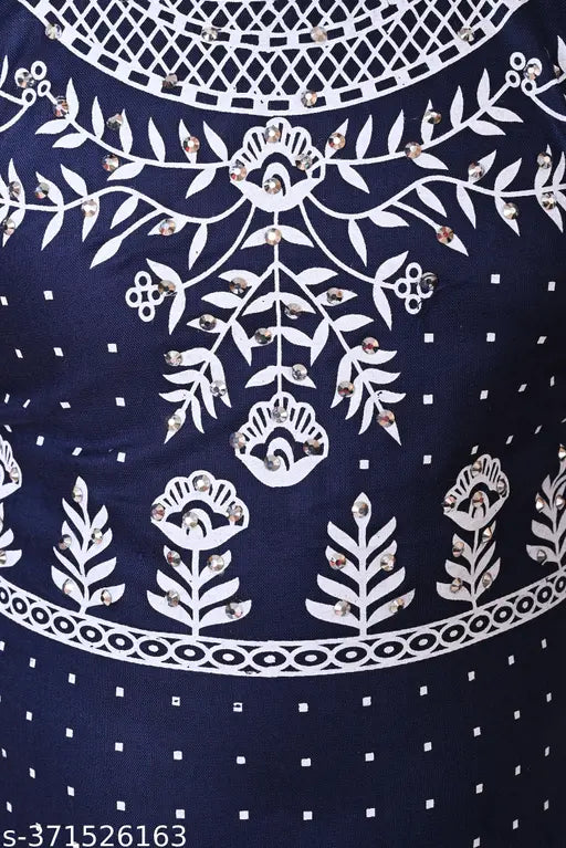 Navy Blue & White Printed Chanderi Cotton Kurta Set with Palazzos & Dupatta for Girls (1-2yrs, 2-3yrs, etc.)