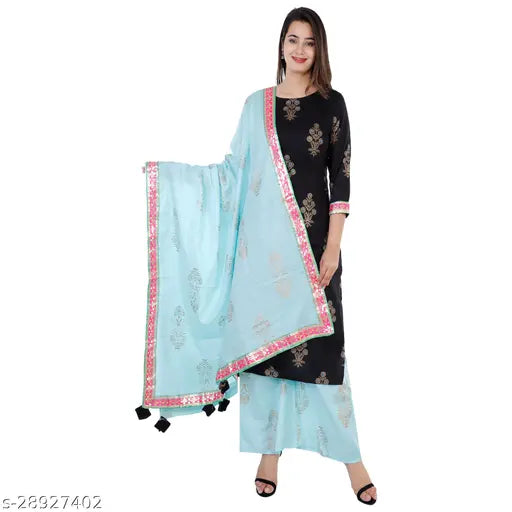 Graceful cotton kurta sets with palazzos, three-quarter sleeves, printed net pattern. New Indian fashion trend for women's clothing." (125 characters)
