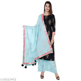 Graceful cotton kurta sets with palazzos, three-quarter sleeves, printed net pattern. New Indian fashion trend for women's clothing." (125 characters)