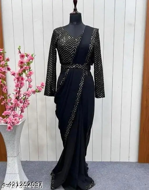 Black Georgette Bollywood Sequence Saree with embroidery and diamond work lace, 5.5 meters long