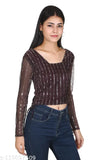 Shimmering net drawstring top for women, long sleeves, embellished pattern, India origin