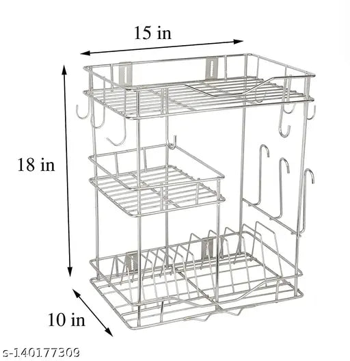 Stainless Steel 3-Shelf Kitchen Dish Rack, modern storage for utensils, 18x15 inch
