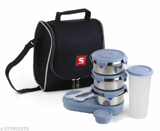 Stainless steel insulated lunch pack with paratha box, chutney jar, and 480ml glass in grey fabric bag - Refresh7 lunch carrier