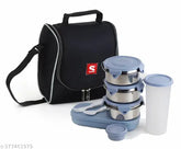Stainless steel insulated lunch pack with paratha box, chutney jar, and 480ml glass in grey fabric bag - Refresh7 lunch carrier