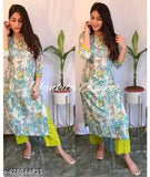 Women's rayon Kurta-Pant set, printed net style with three-quarter sleeves, soft cotton lining, available in sizes XS to XXL