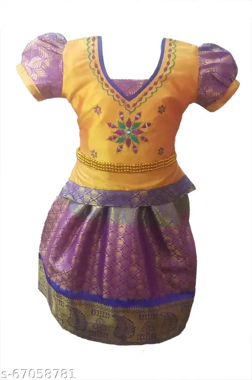 Kids' cotton silk pattu pavadai & lehenga choli set - white gift, short-sleeved, embroidered & jacquard, ready-to-wear for festivals & gatherings