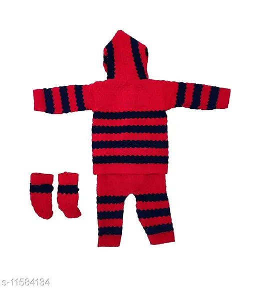 Soft, cotton baby care sweater set in sizes 6-9 months, 6-12 months, and 9-12 months. Indian handmade infant clothing on display