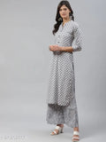 Grey cotton printed kurta set with palazzos, three-quarter sleeves, Mandarin collar, regular fit, handwork - Indian women's fashion clothing
