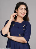 Blue viscose rayon Anarkali gown for partywear, solid pattern with three-quarter sleeves on mannequin
