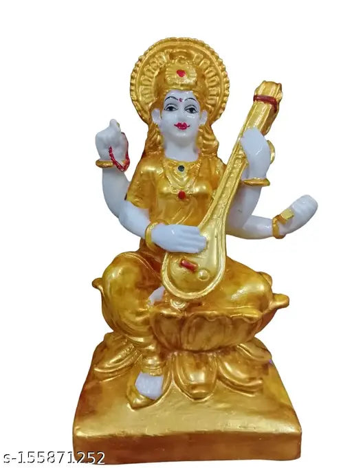 Marble white Saraswati idol figure, intricately detailed 7-inch statue from India