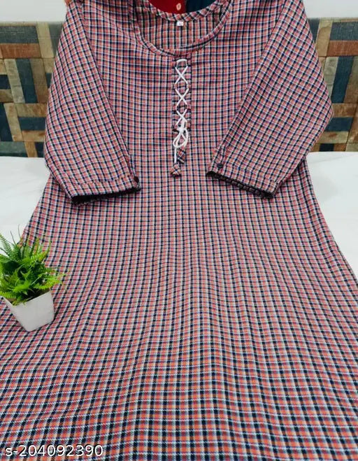 Stylish orange multicolor woolen kurti only, three-quarter sleeves, checked pattern. Woolen women's top wear for ethnic occasions