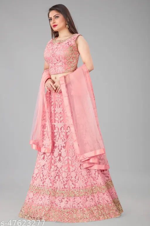 Arvika pink net zari work semi-stitched lehenga choli with dupatta, Indian women's fashion wear featuring intricate zari detailing