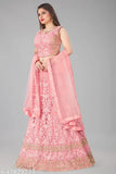 Arvika pink net zari work semi-stitched lehenga choli with dupatta, Indian women's fashion wear featuring intricate zari detailing