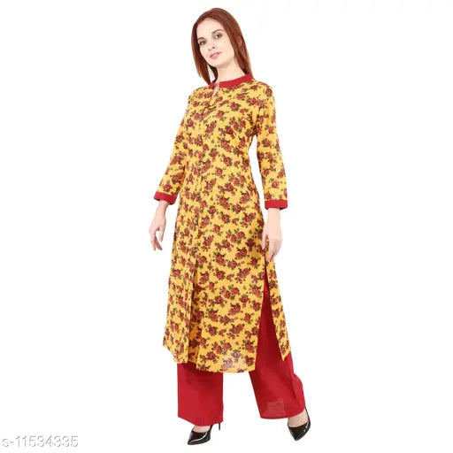 Printed cotton kurta set with palazzos for women, three-quarter sleeves, single quantity, M (bust 38", kurta 45", bottom 39"), L (bust 40", kurta 45", bottom 39"), XL (bust 42", kurta 45", bottom 39"), India-made