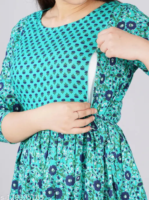 Printed cotton maternity feeding gown kurta, three-quarter sleeves, Indian origin - comfortable, stylish wear for expecting mothers