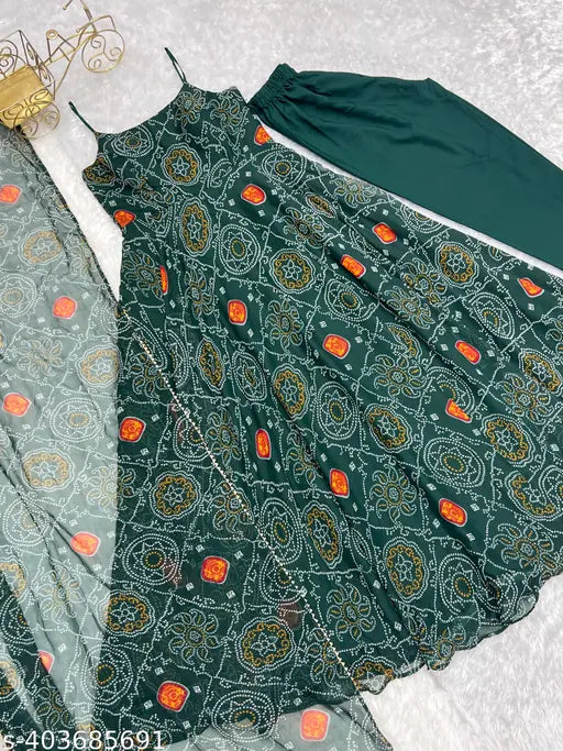 Chiffon Bandhej Fully Flair Gown Dupptaa Pent Set, soft, lightweight, ready-to-wear, pure Indian chiffon gown for women on mannequin