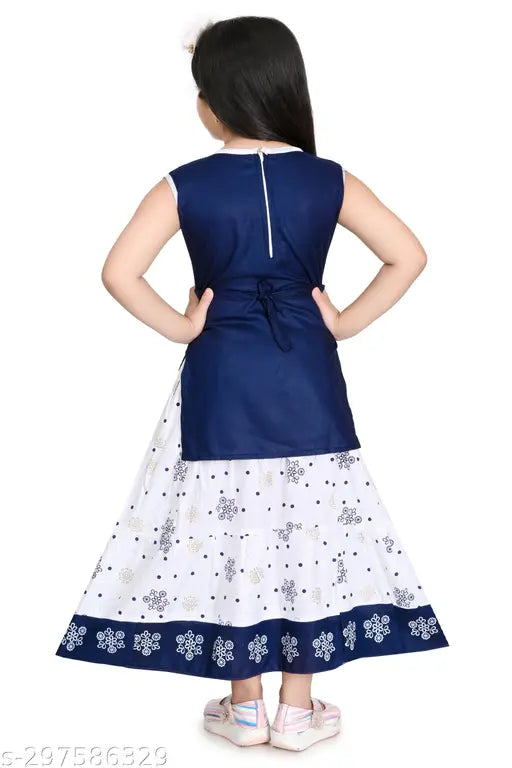 Chanderi cotton girls party dress set: printed kurti with skirt (2-10 years), Indian summer wear