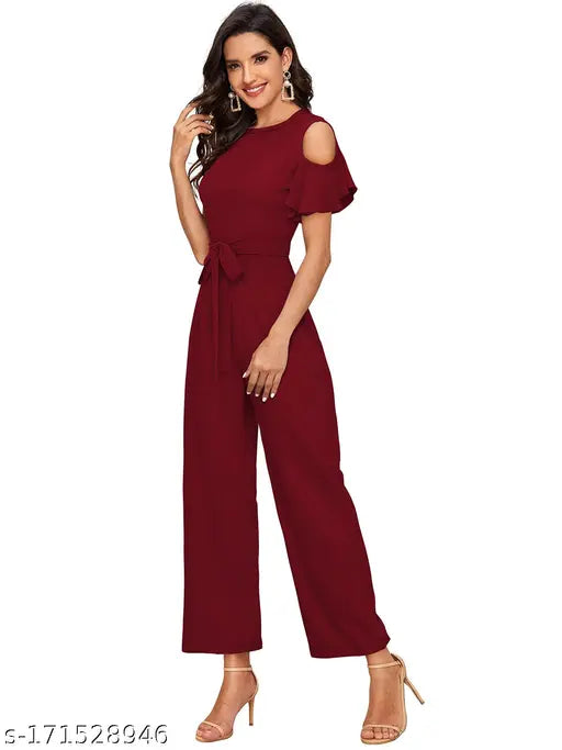 Stylish polyester jumpsuit for women and girls, solid-colored garment on hanger, multiple sizes available
