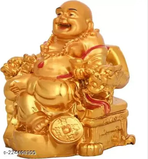 Gold-toned feng shui laughing Buddha statue with ingot coins, 74cm tall on chair, India origin
