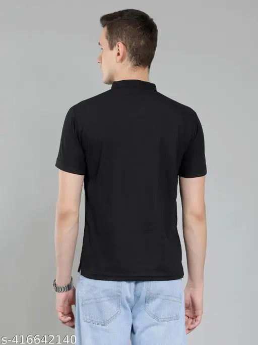 New trending mens high neck, short sleeve cotton blend T-shirt in solid pattern. Stylish essential for jeans, trousers, or shorts. Indian made, premium quality