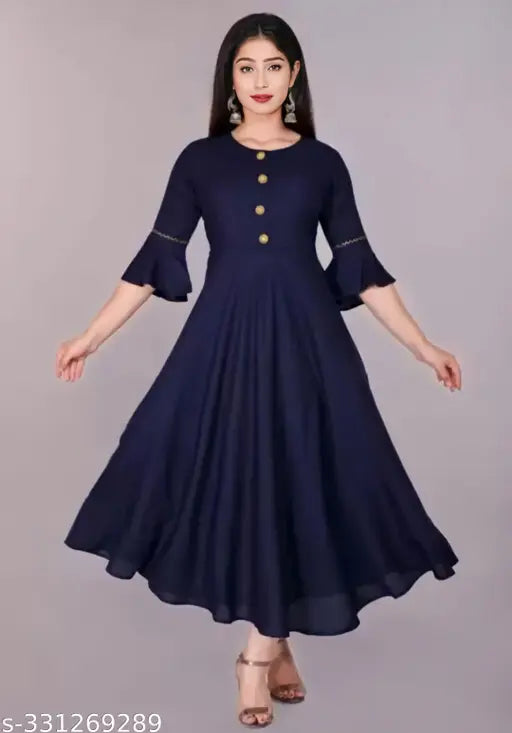 Navy blue rayon flared kurtis for women, trendy ethnic solid design with three-quarter sleeves