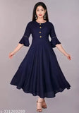 Navy blue rayon flared kurtis for women, trendy ethnic solid design with three-quarter sleeves