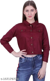 Maroon denim full-sleeve jacket, solid pattern for women's fashion. Made in India