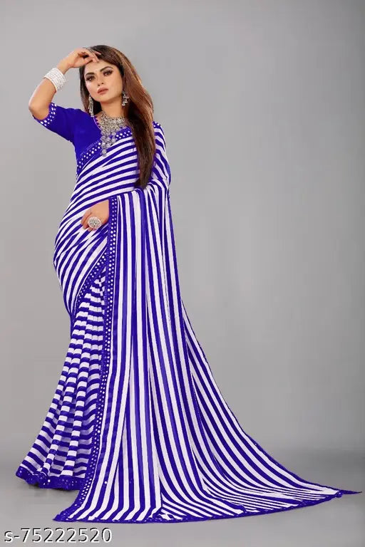 Striped Rajshahi Georgette saree with separate cotton blouse, free-size, Indian-made zebra print Georgette fabric