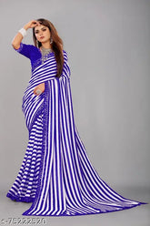 Striped Georgette saree with separate cotton blouse, printed in Rajshahi pattern on single free size, origin from India