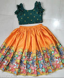 Printed satin kid lehenga choli with animal pattern, short sleeves and stitched net, for girls aged 5-10 years