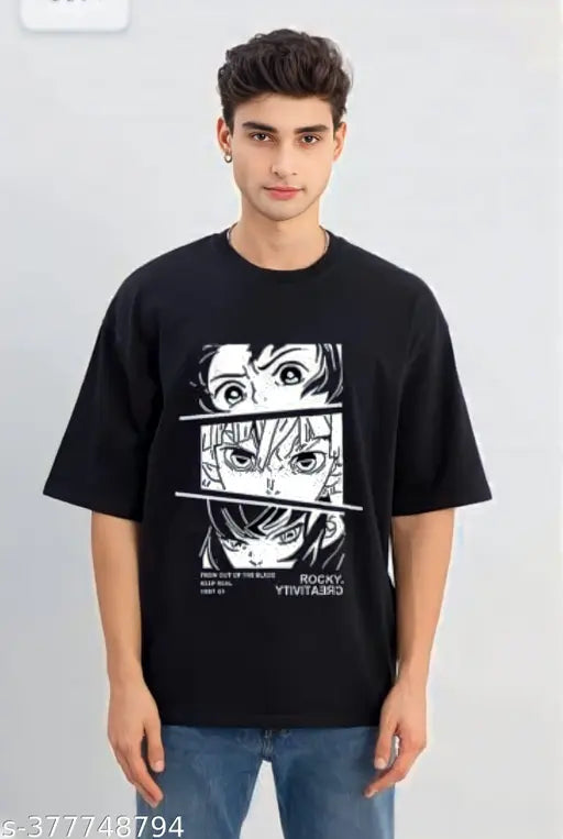 Black cotton blend printed round neck t-shirt for men, half sleeve, stylish and versatile for various sports activities