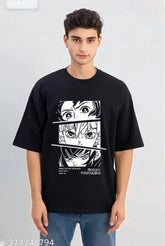 Black cotton blend printed round neck t-shirt for men, half sleeve, stylish and versatile for various sports activities