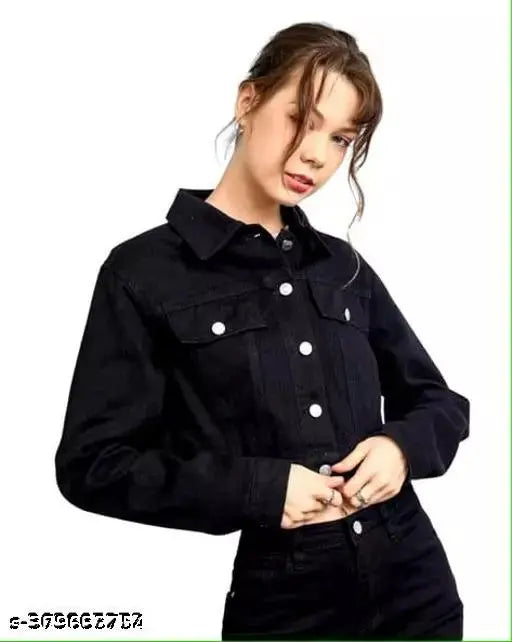 Black denim jacket for women, solid black, long sleeves, size S (bust 36in, length 21in), made in India