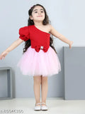 Red & Pink net off-shoulder dress for girls, single piece in solid design. Short sleeves, soft and comfortable net fabric. Indian origin
