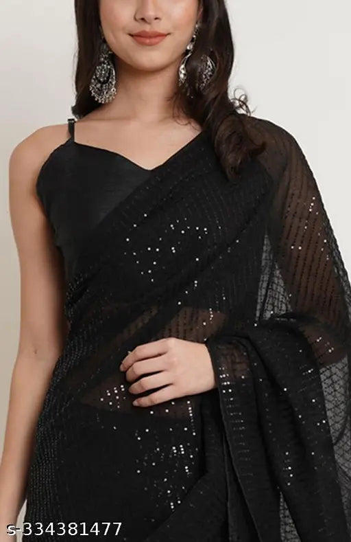 Georgette sequin trending black saree with separate blouse, embellished blouse on mannequin