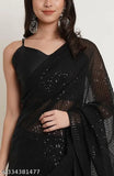Georgette sequin trending black saree with separate blouse, embellished blouse on mannequin