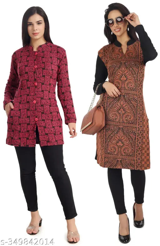 Multi-colored woolen kurta and cardigan set in vibrant prints, perfect for women's winter wear, Made in India